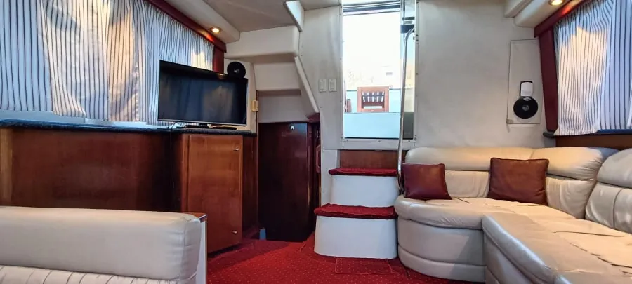 The salon seating, with the steps down to the cabins